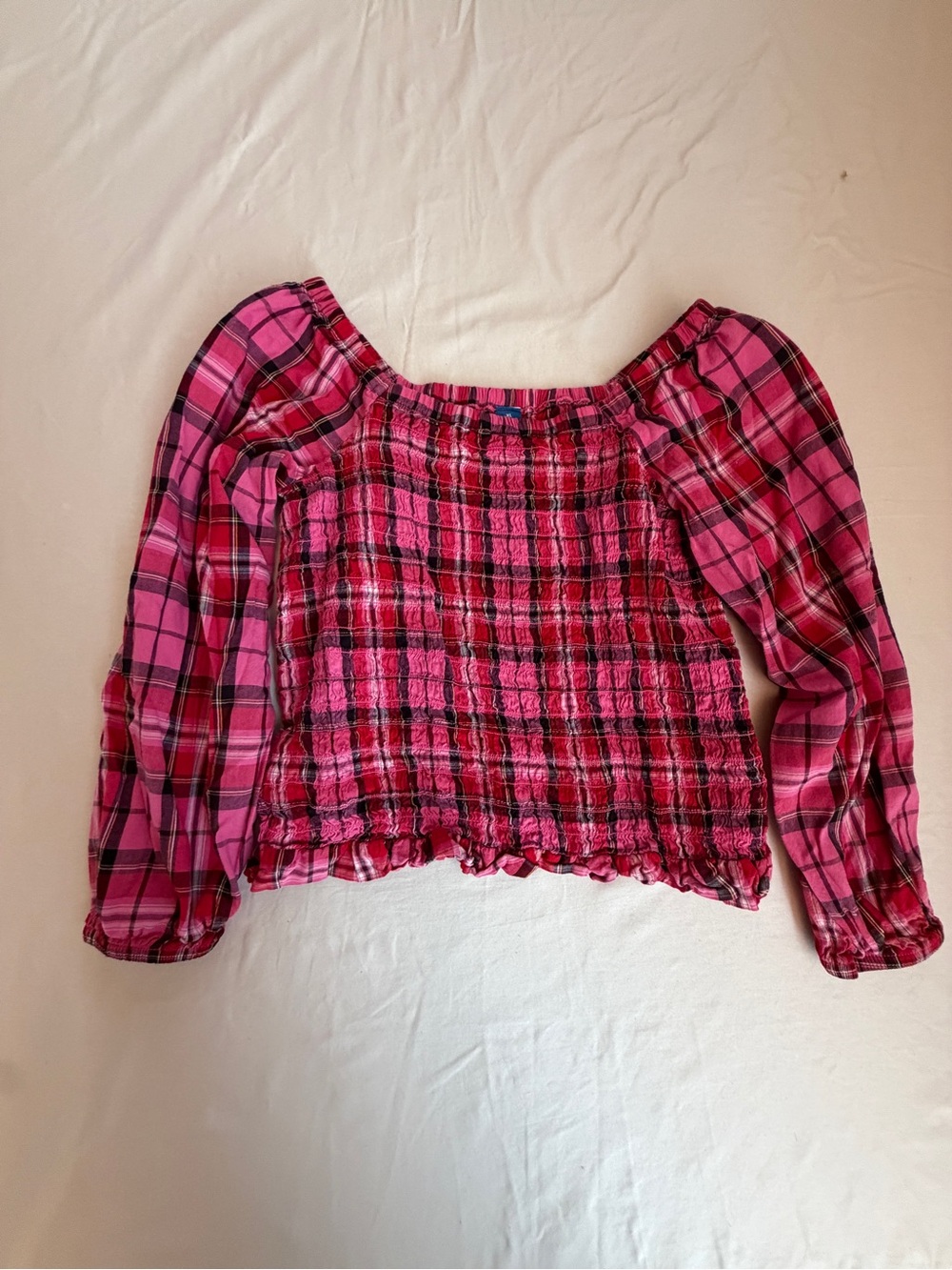 Old Navy Girls Pink Plaid Smocked Off-Shoulder Top